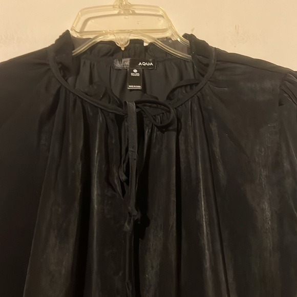 Aqua black satin  blouse ruffle neck. - Picture 4 of 8